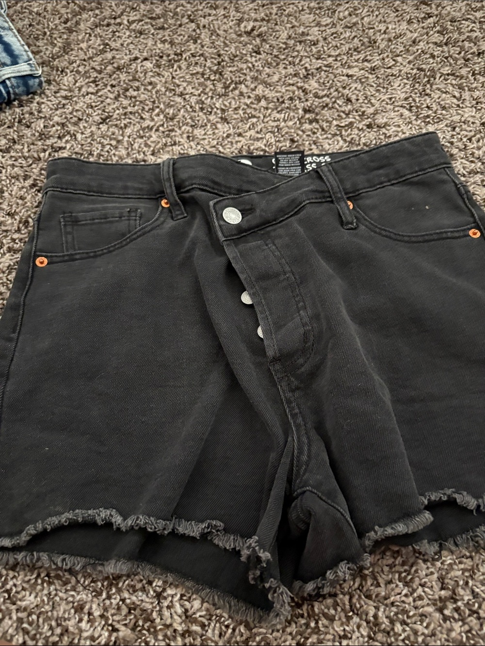 High-Rise Black Denim Button-Fly Shorts with Frayed Hem